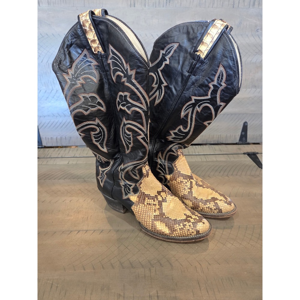 Larry Mahan Vintage 70s Python Skin Leather Cowboy Boots Black Tan 8.5N LML9953